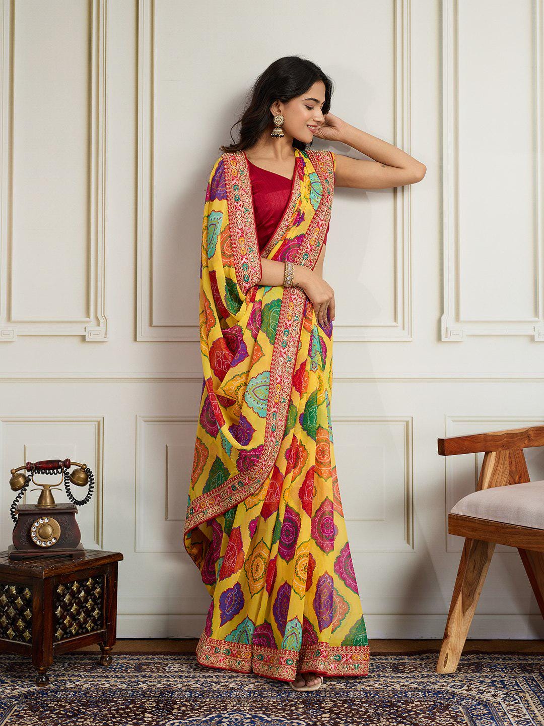Rajwadi Bandhej Print Georgette Saree | Heavy Embroidered Lace Border, Silk Blouse Piece