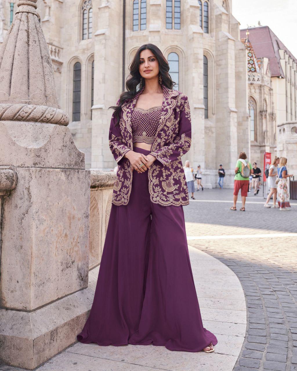 Embroidered Chinon Silk Palazzo Set with Jacket, Stitched Ethnic Party Wear XXL