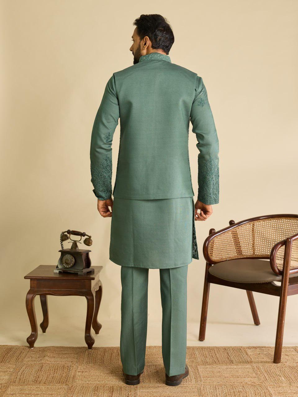 Art Silk Kurta Koti Set | Real Mirror Multi Thread Embroidery Wedding Outfit