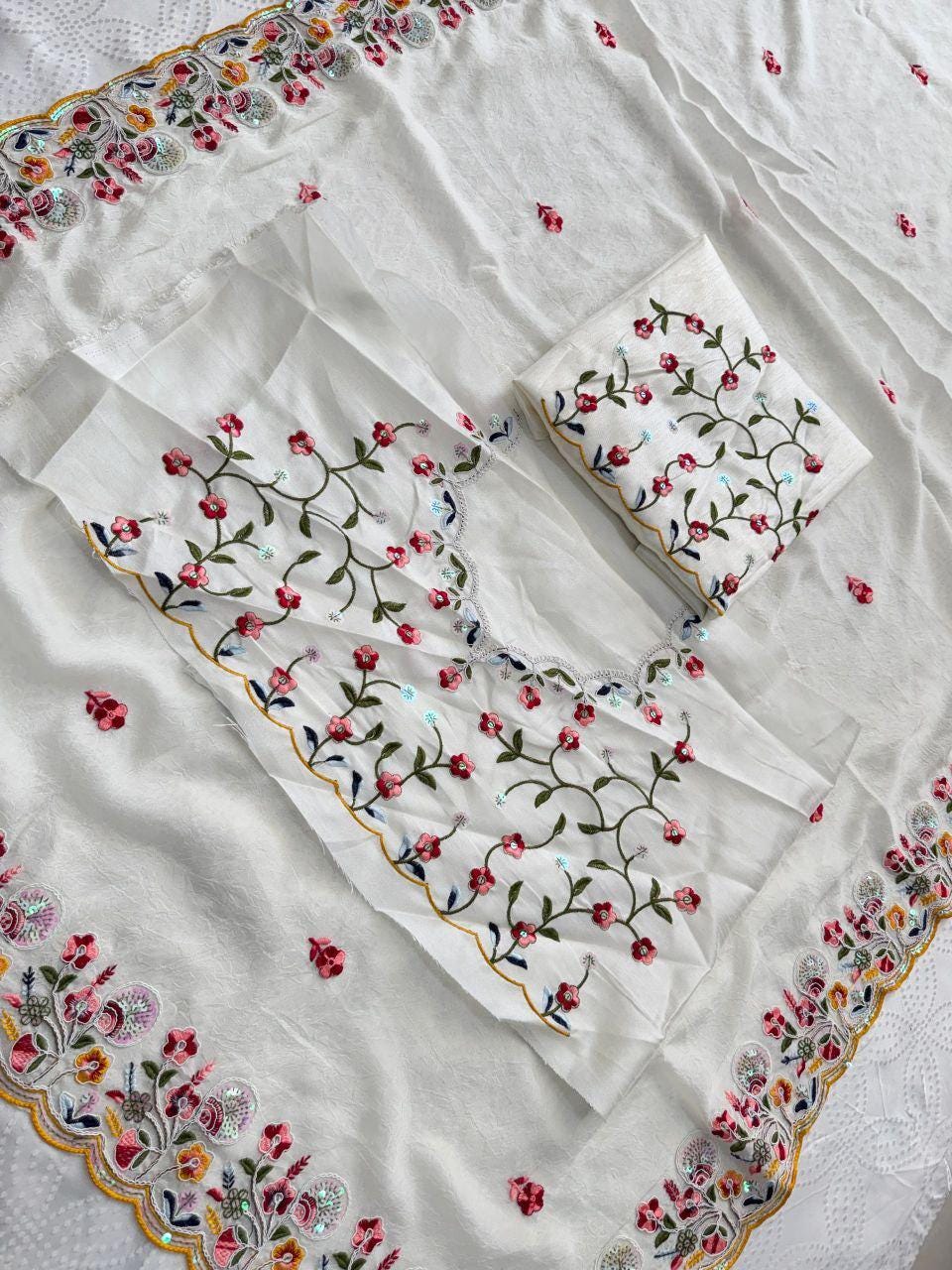 Embroidered Crush Silk Saree with Cutwork Border | Designer Wedding Party Wear Blouse Piece