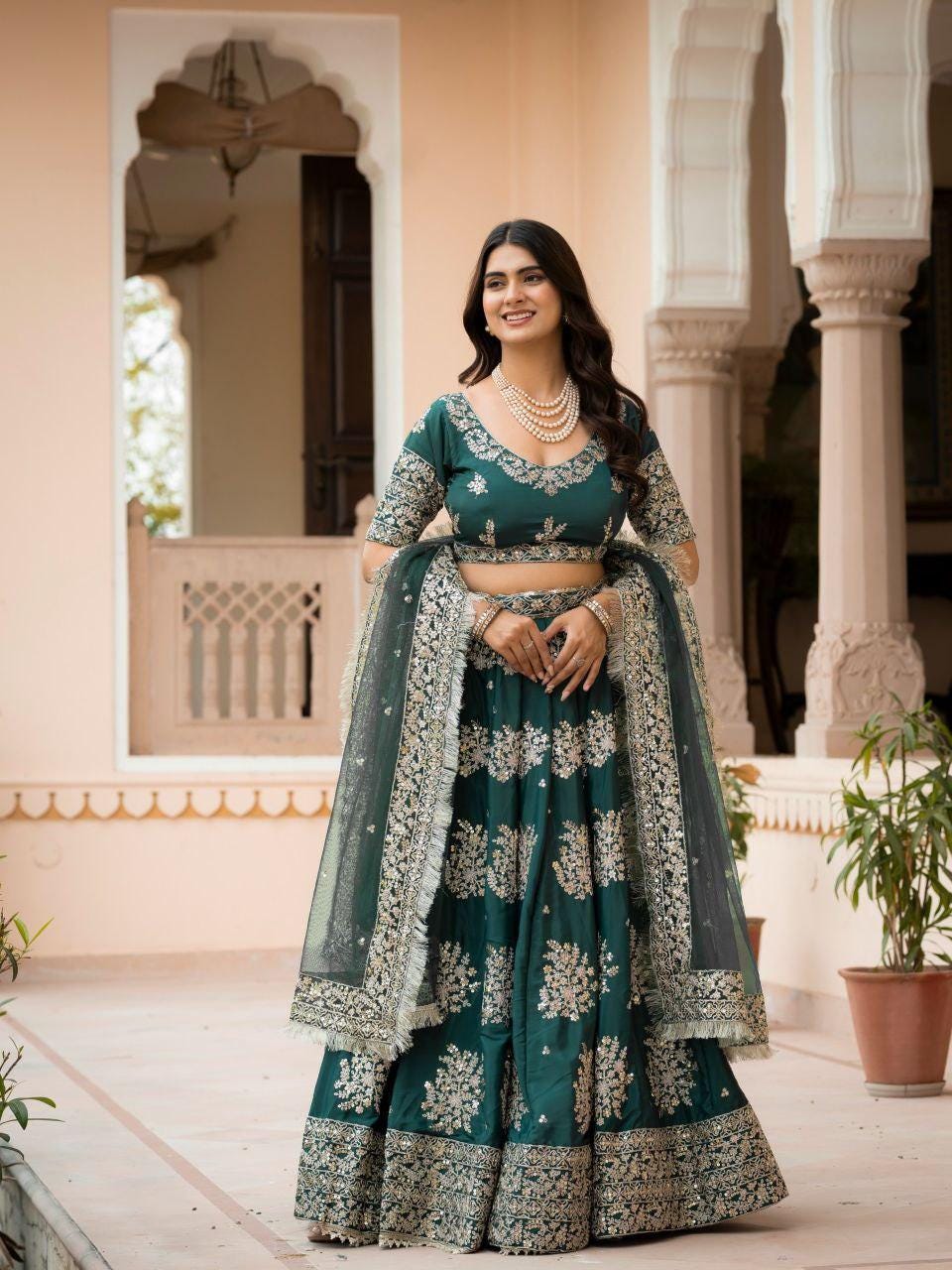 French Crepe Lehenga Choli, Zari Sequin Embroidery, Semi-Stitched Indian Party Wear Set