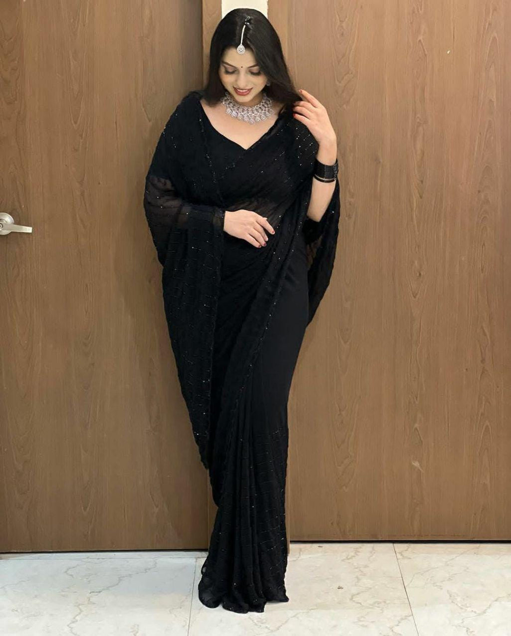 Black Crepe Saree, Printed Design, Party Wear, Festive Occasion, Unstitched Blouse