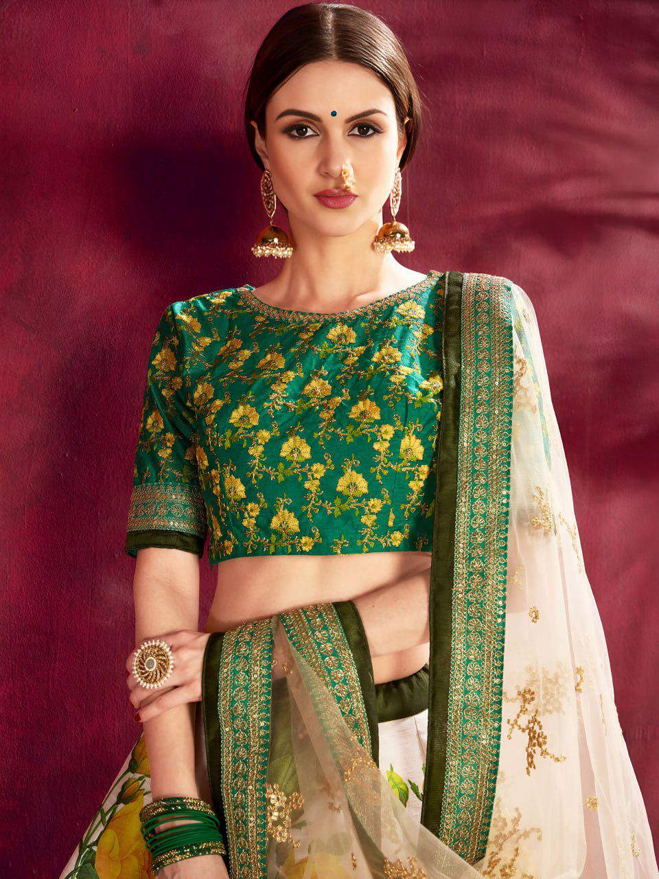 Ivory Floral Lehenga Choli | Green Embroidered Blouse, Net Dupatta, Semi-Stitched Wedding Wear