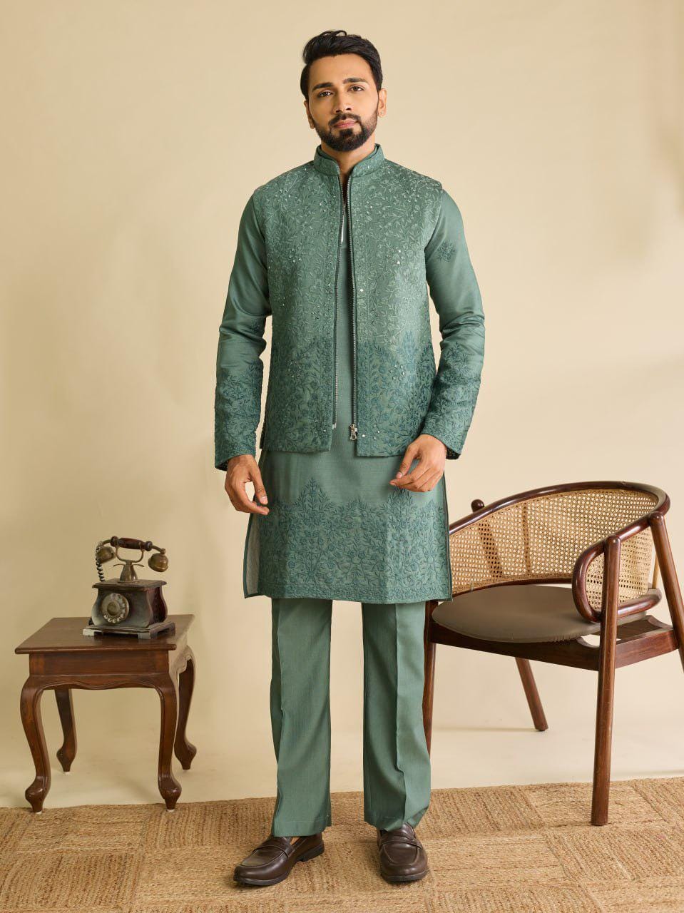 Art Silk Kurta Koti Set | Real Mirror Multi Thread Embroidery Wedding Outfit