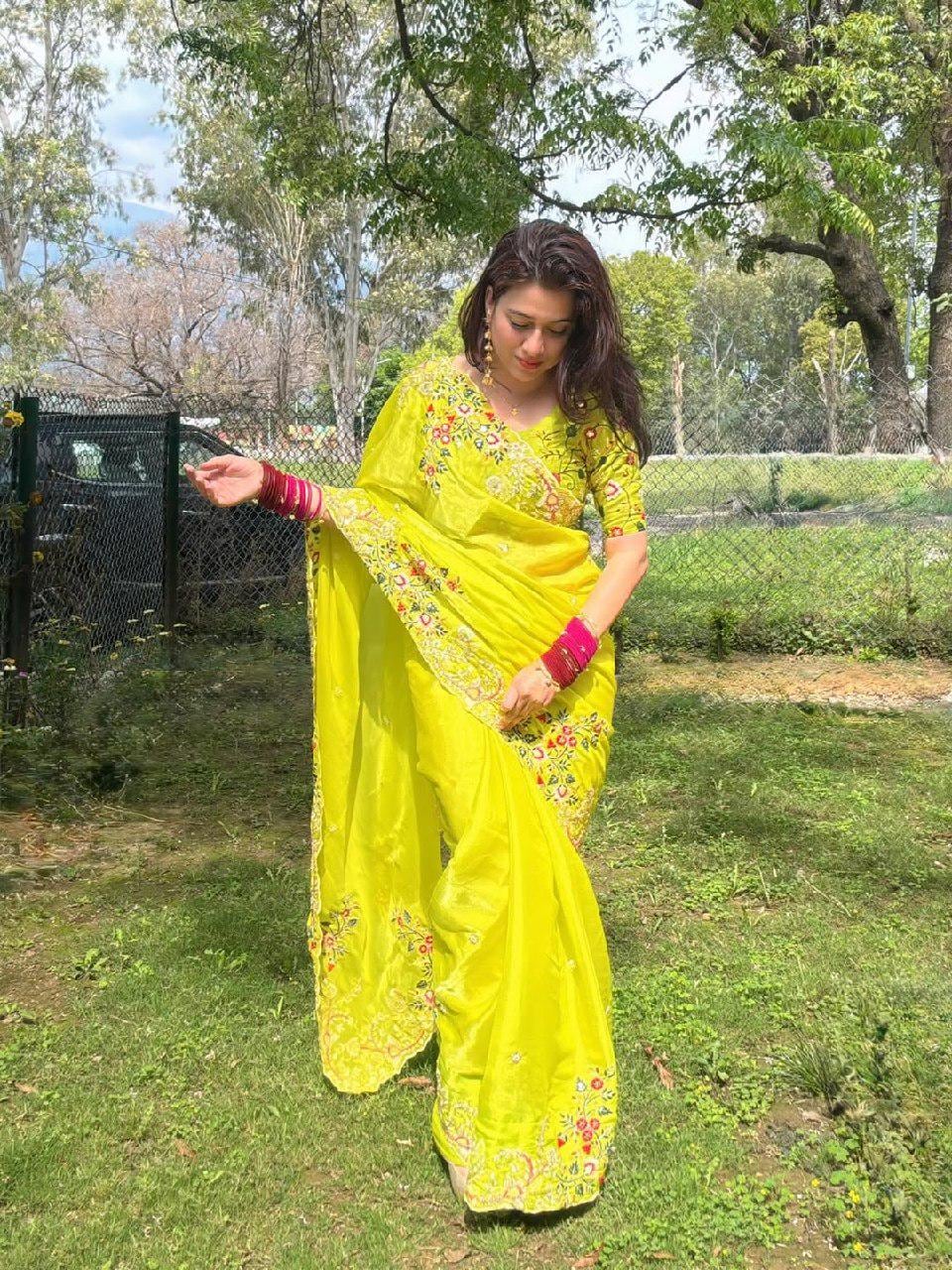 Zimmy Chu Silk Saree, Embroidery Sequins Work, Cutwork Border, Festive Wear