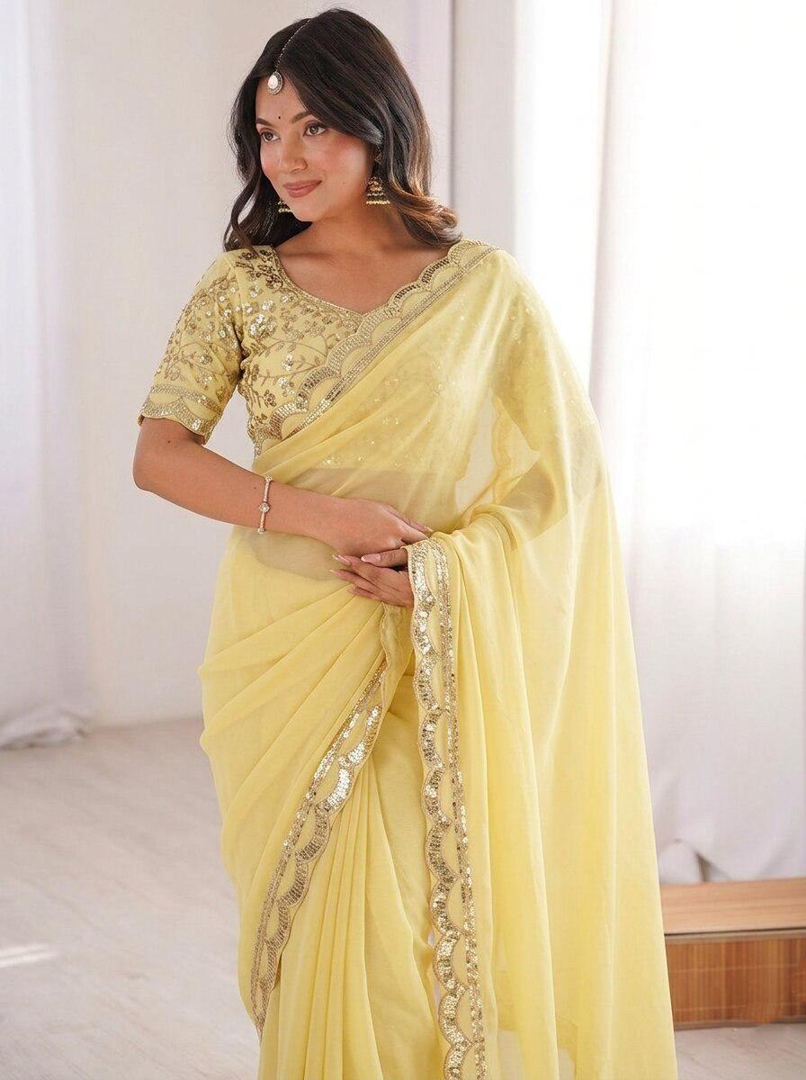 Moss Chiffon Saree with Sequins Lace Border | Embroidered Banglory Silk Blouse