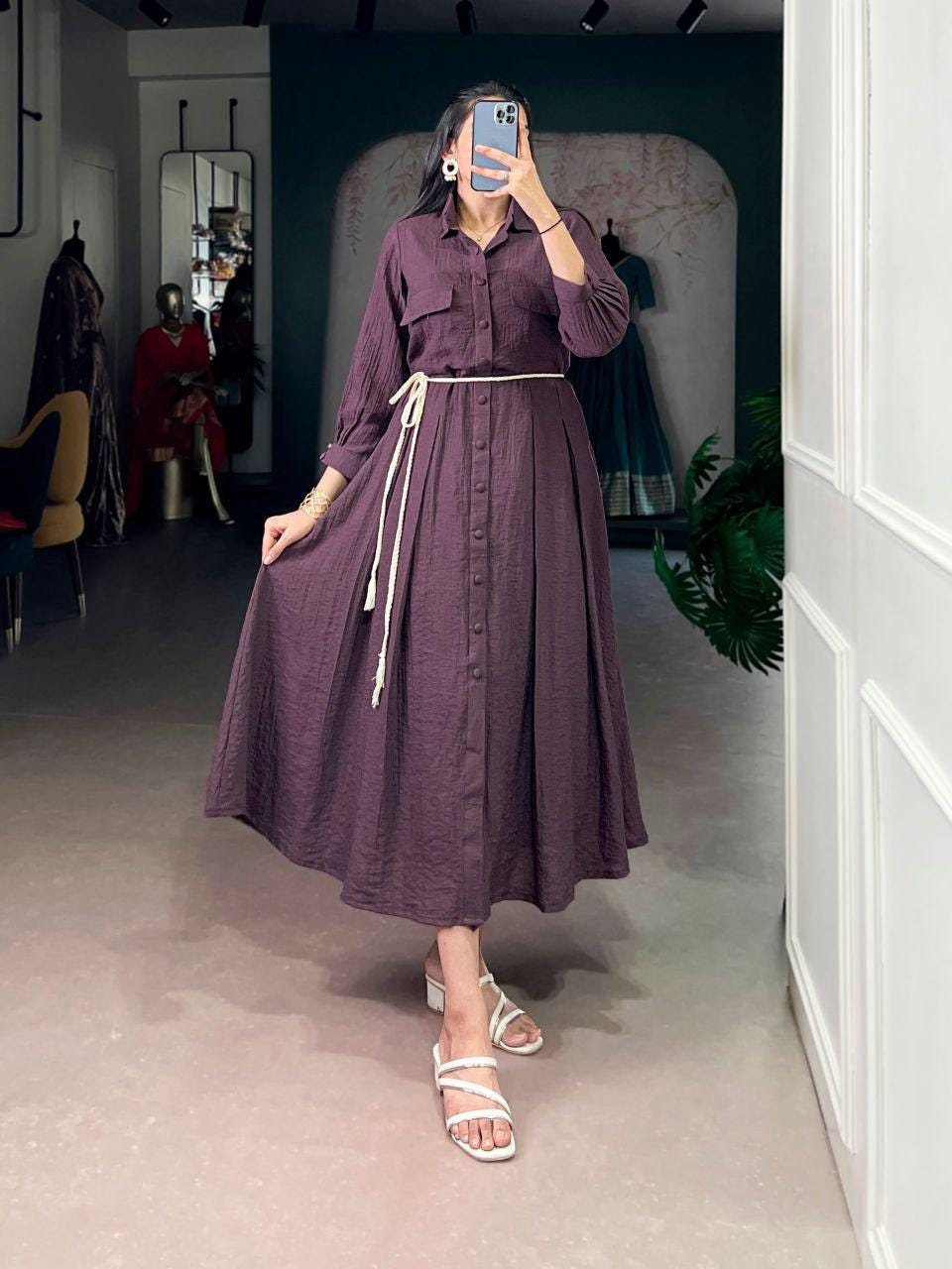Plain Crackel Fabric Frock Dress, Long Flared Ethnic Gown, Casual Party Wear