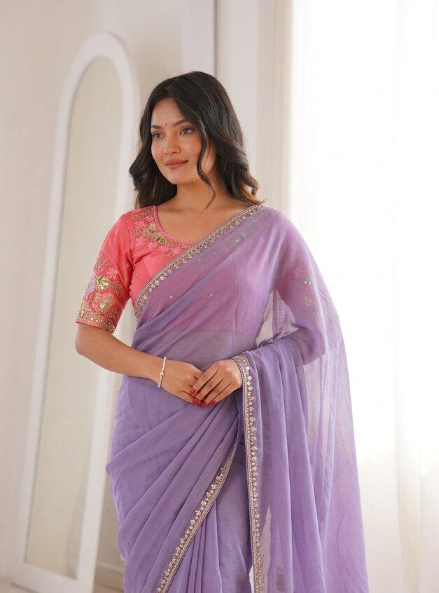 Rangoli Silk Saree with Embroidered Blouse | Cutwork Border Wedding Party Wear