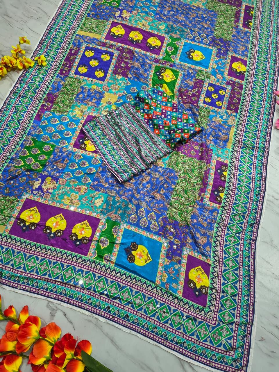 Chinon Silk Saree, Real Mirror Work, Printed Designer, Festive Party Wear (Unstitched Blouse)