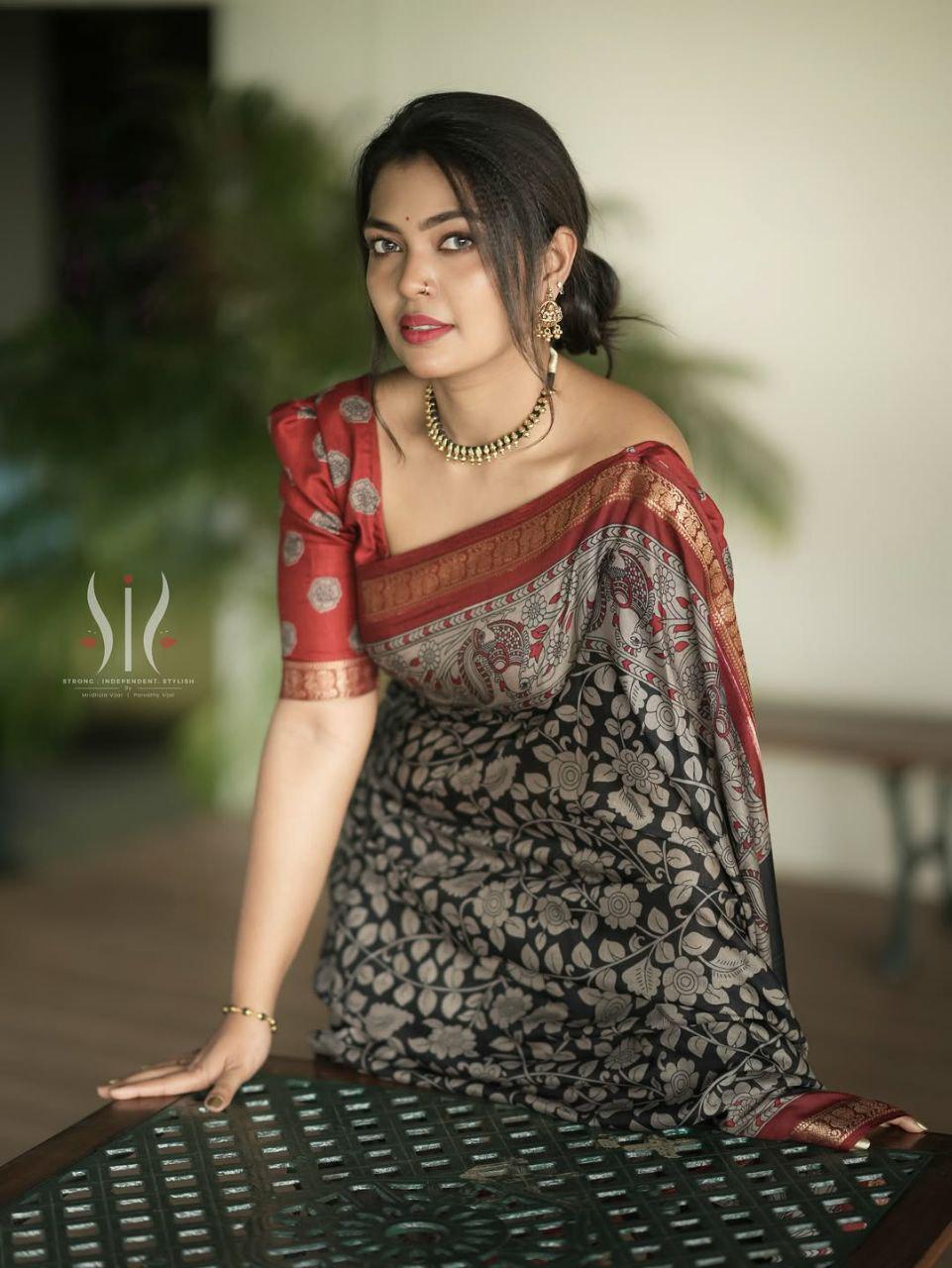 Soft Black Dola Silk Saree with Pen Kalamkari Art