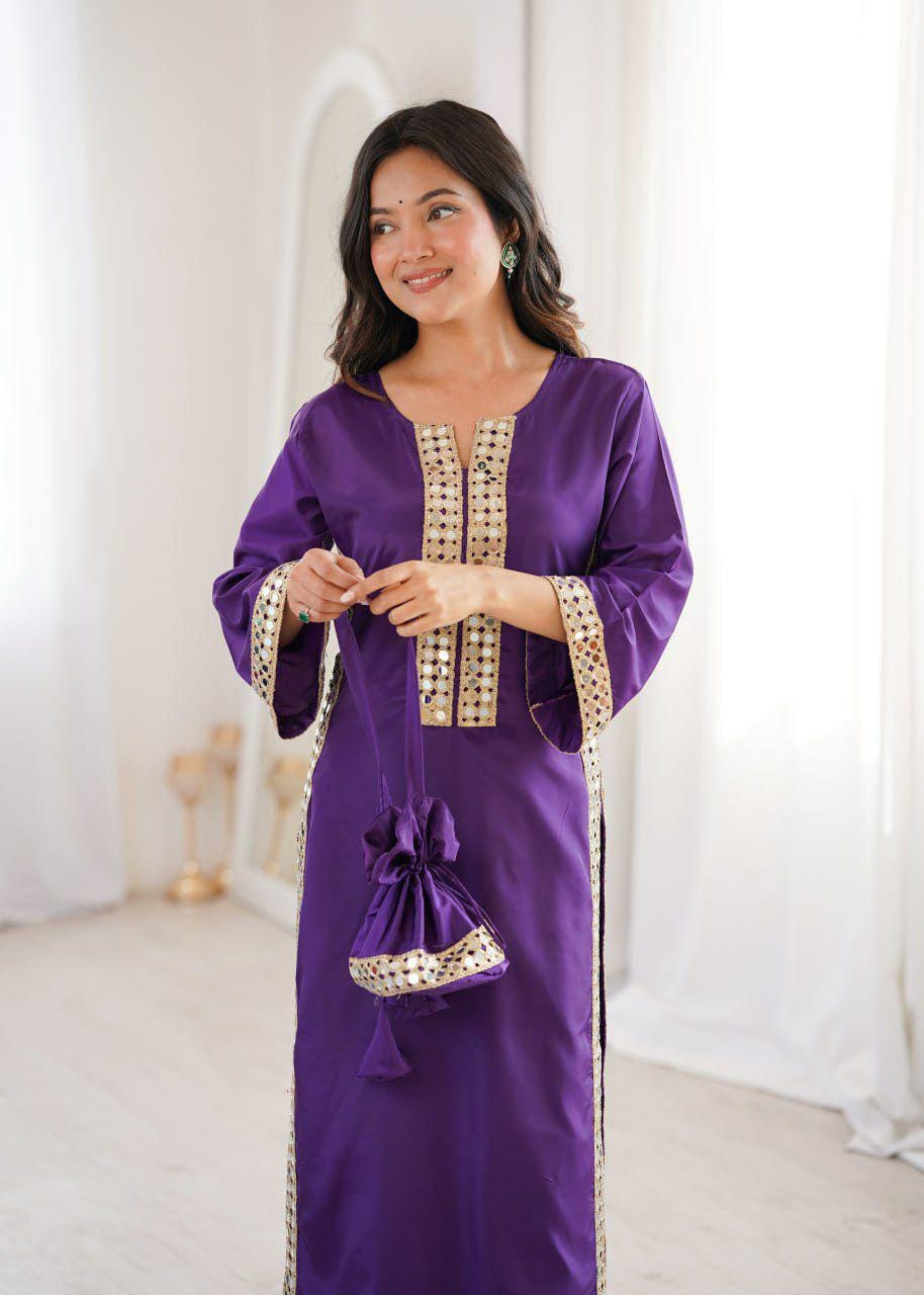 Mirror Work Kurti Pant Set with Batwa Bag, Natural Crepe Ethnic Outfit