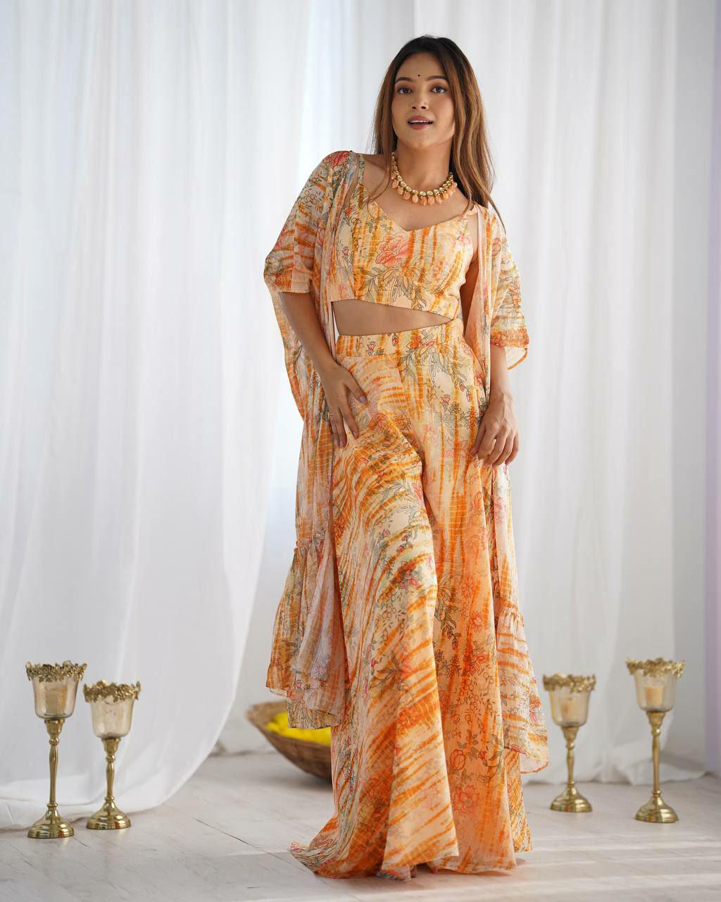Floral Print Shrug Set, Crop Top Palazzo Co Ord, Fox Georgette Ethnic Outfit