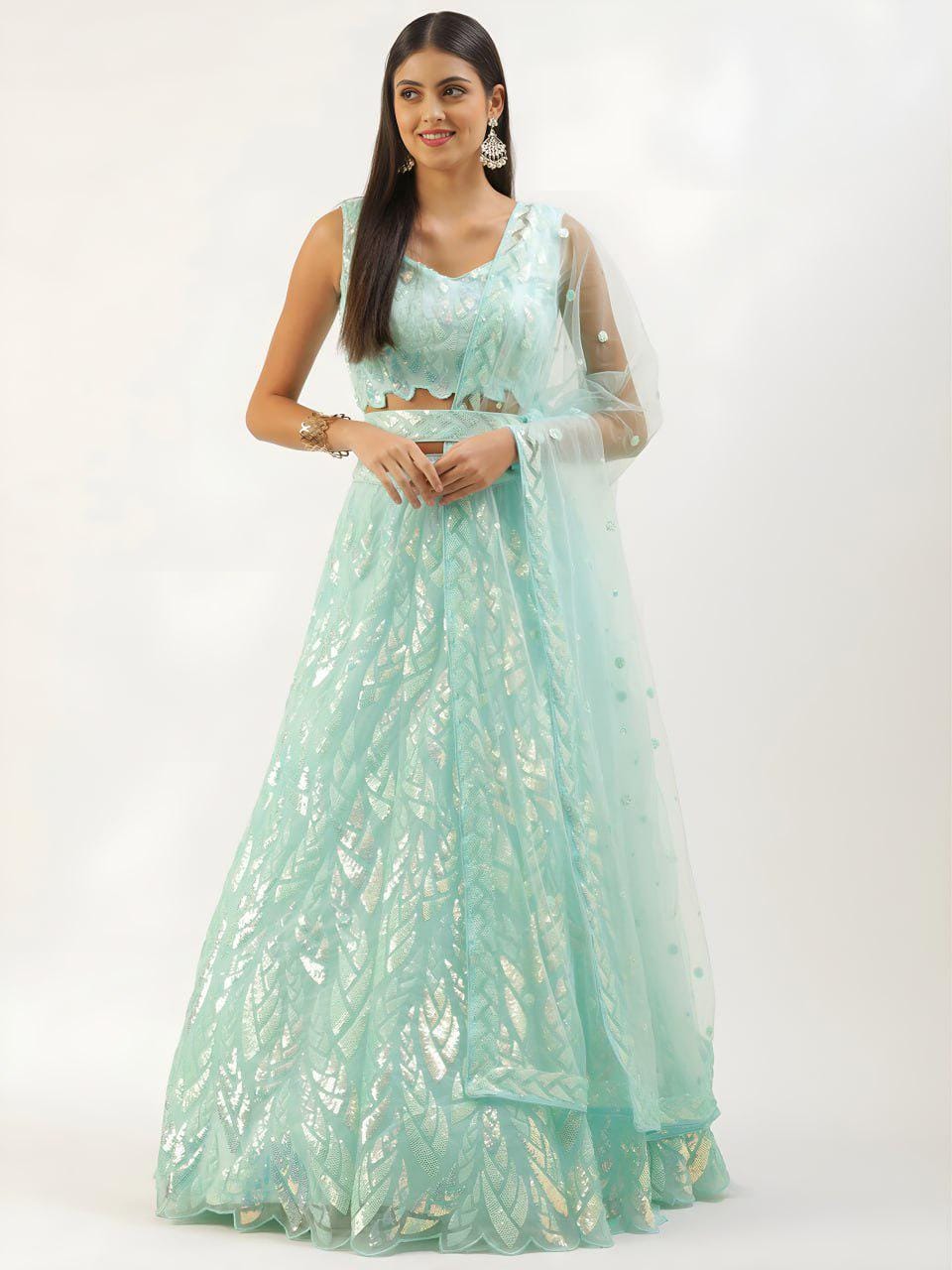 Light Blue Soft Net Lehenga Choli Set, Sequins Embroidery, Bridal Party Wear (Semi-Stitched)
