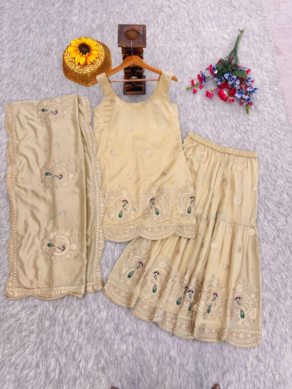 Cream Viscose Crop Top Palazzo Set with Pink Cape, Beads Embroidery Festive Co-Ord