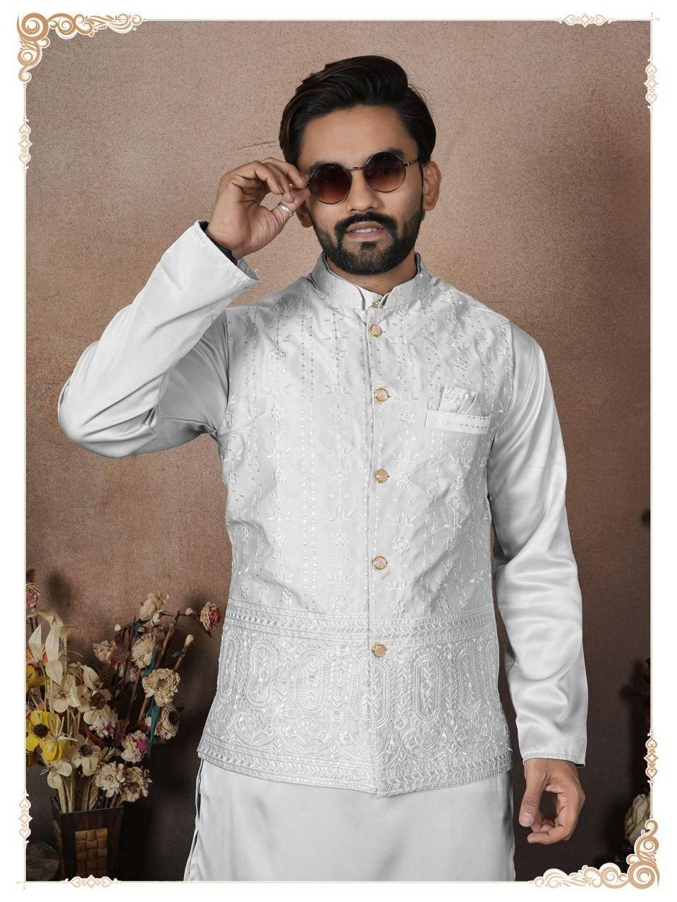 Men's Malai Satin Kurta Koti Pyjama Set, Wedding Ethnic Party Wear