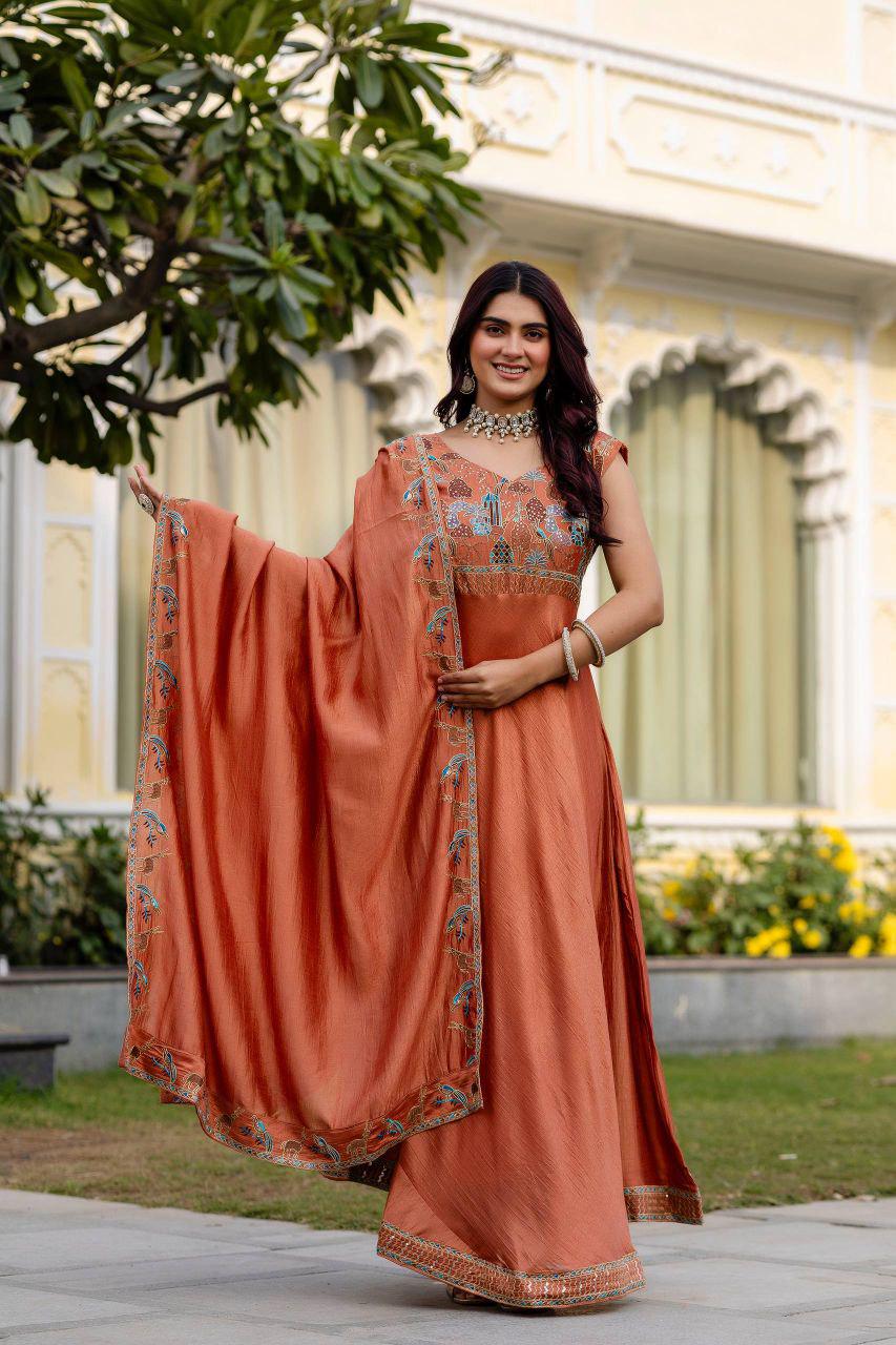 Vichitra Silk Embroidered Gown with Dupatta, Festive Party Wear Ethnic Dress