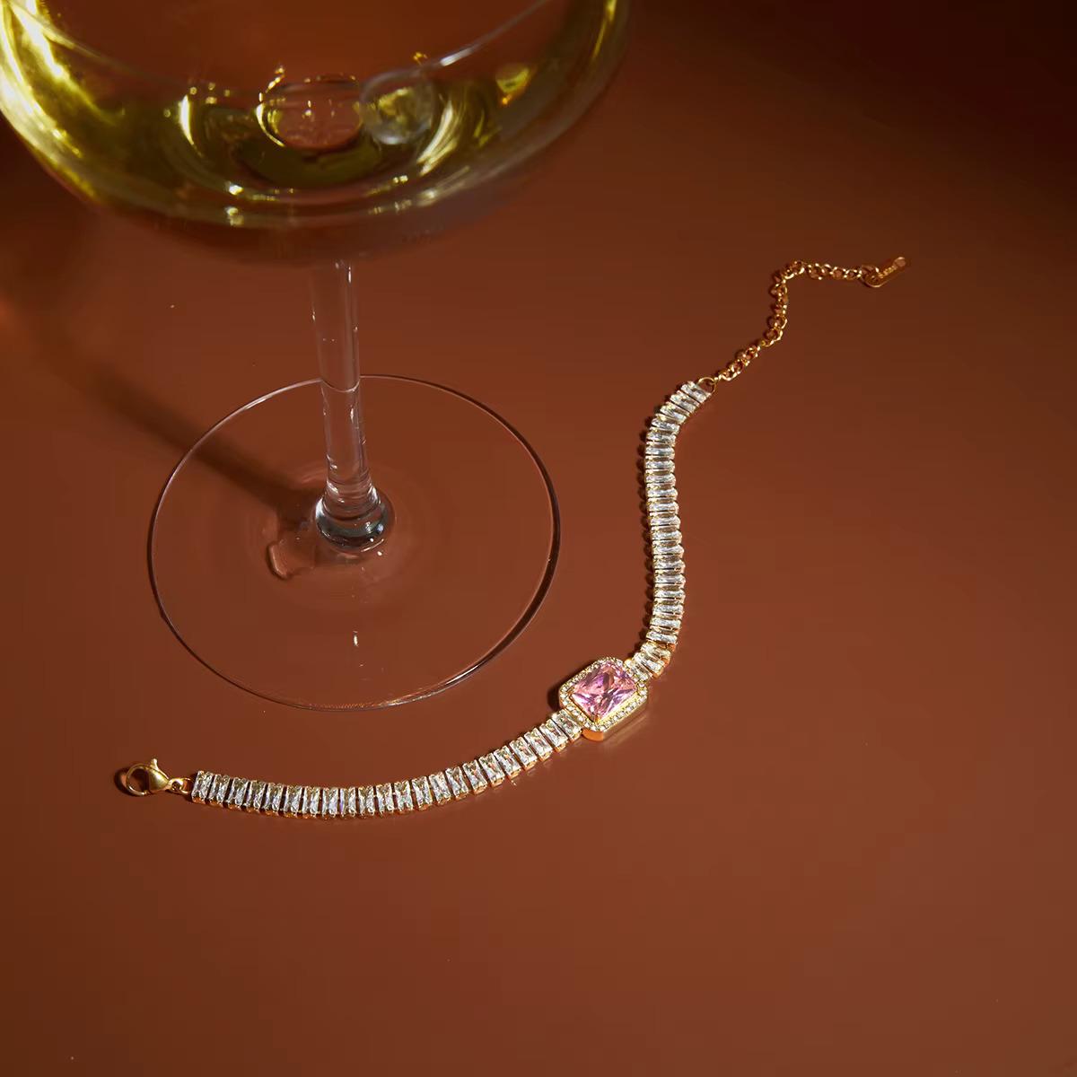 Pink Baguette Crystal Tennis Bracelet, Gold Stainless Steel, Waterproof Bridal Jewelry