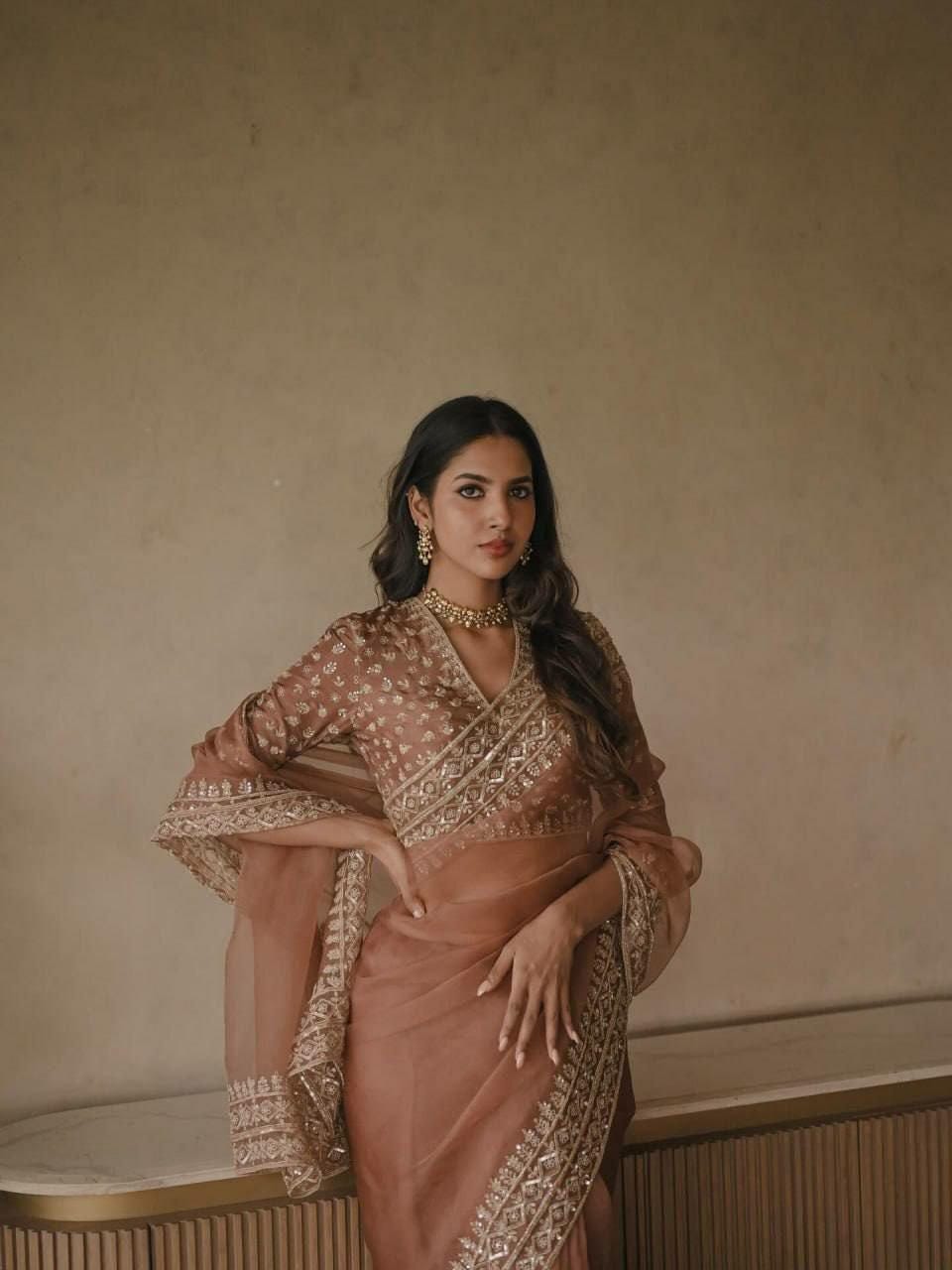 Tibby Silk Saree | Thread Sequin Embroidery, Festive Party Wear, Unstitched Blouse Piece