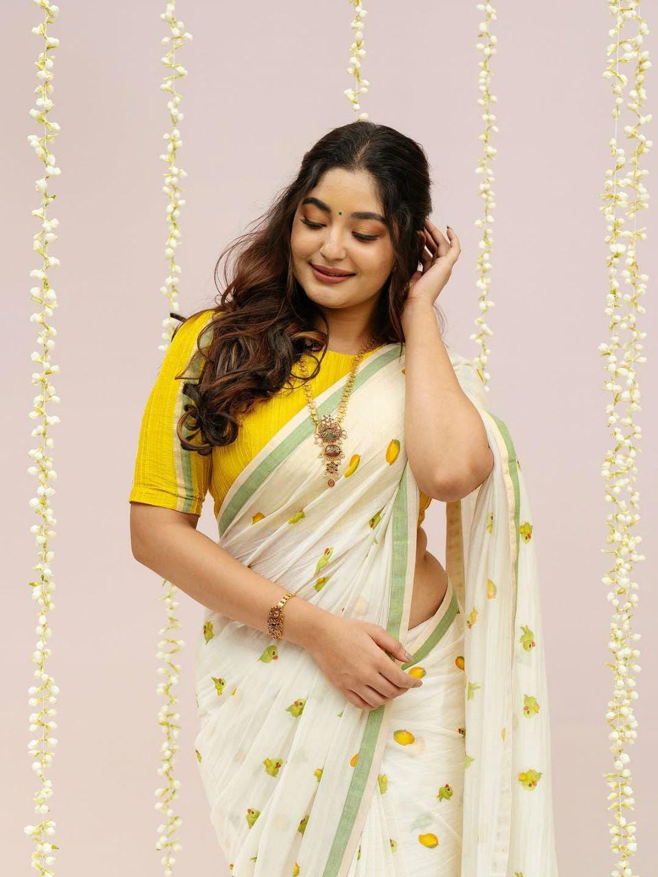 Linen Saree, Mango Parrot Digital Print, Festive Casual Indian Wear, Tassels, Blouse Piece