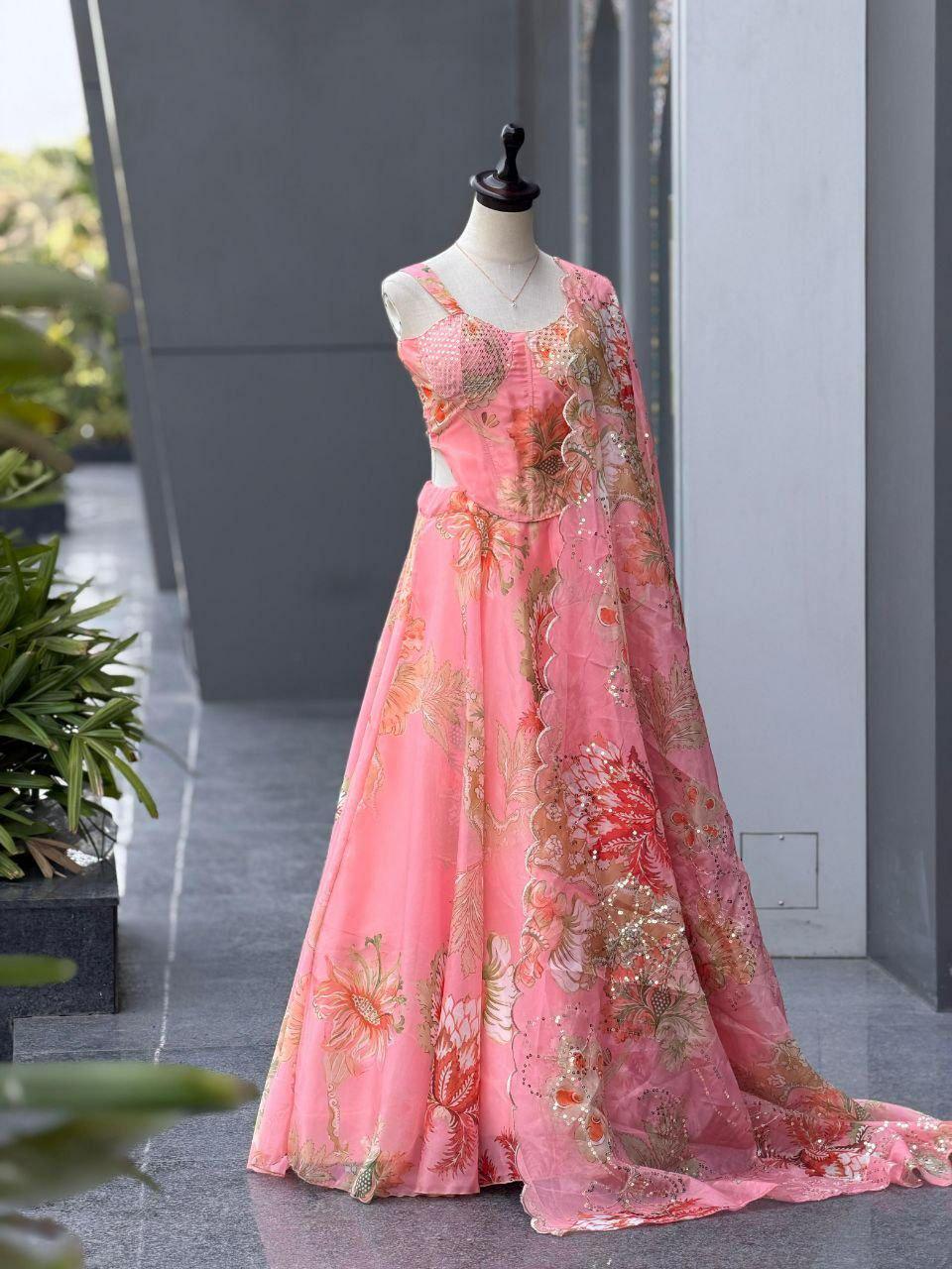 Pure Organza Digital Print Lehenga Choli Set | Corset Blouse, Sequin Embroidery, 8 Meter Flare