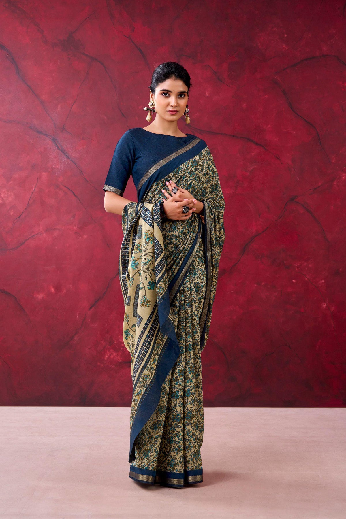 Polyester Viscose Chanderi Saree, Zari Weaving Print, Traditional Indian Party Wear (Unstitched Blouse)
