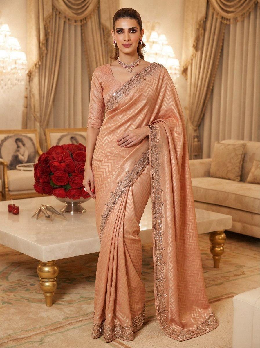 Pure Kanjivaram Silk Saree | Hand Embroidered Wedding Saree with Cutdana, Beads, Sequins