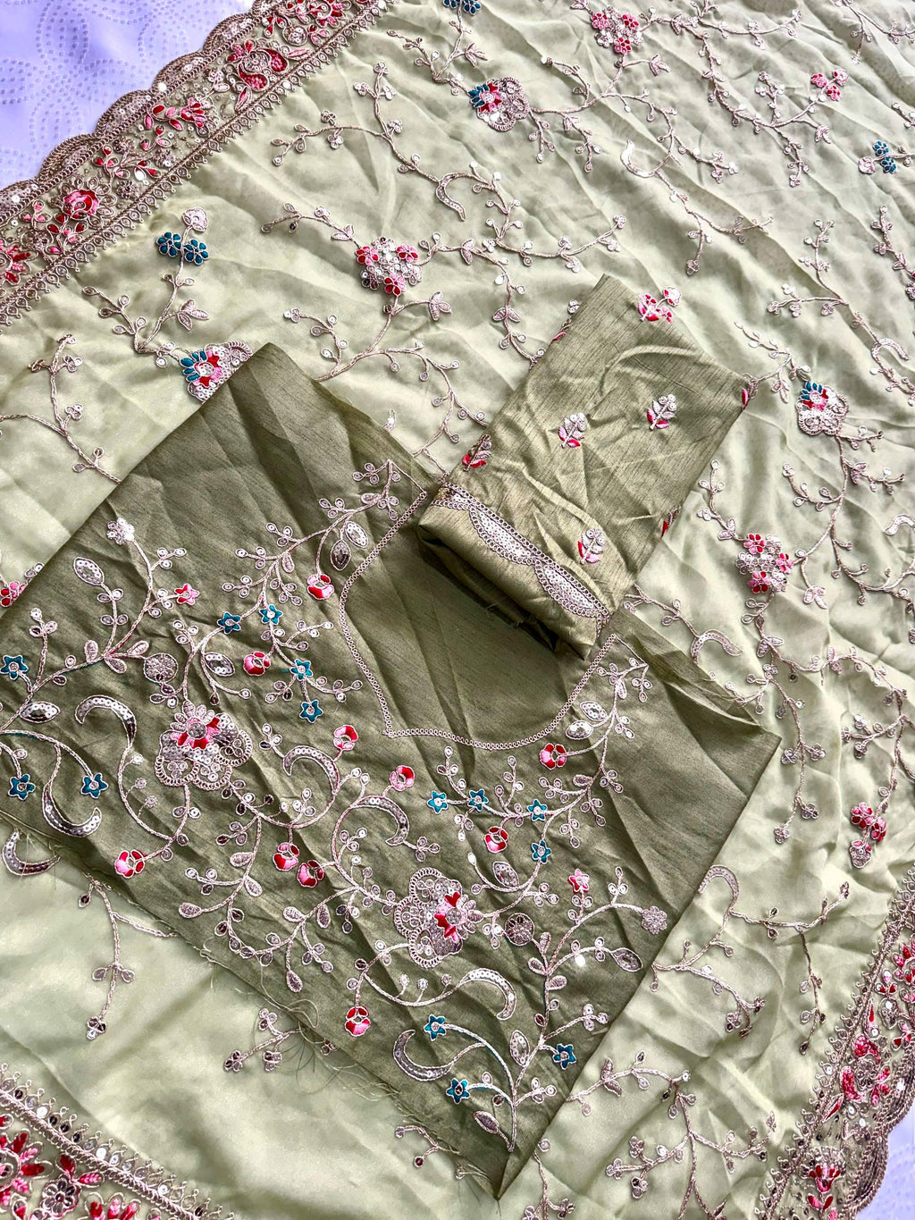 Embroidered Star Georgette Saree | Cutwork Border, Banglory Silk Blouse