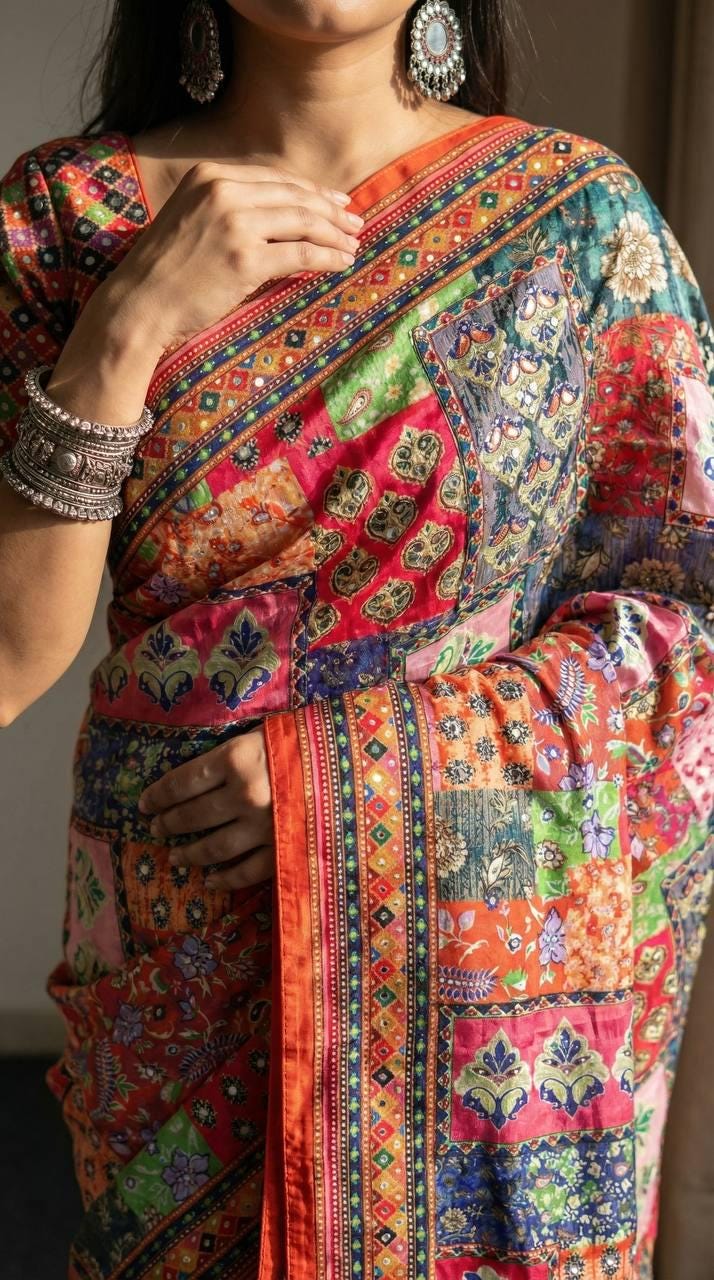 Ajrakh Print Roman Silk Saree, Real Mirror Work, Designer Ethnic Party Wear Blouse