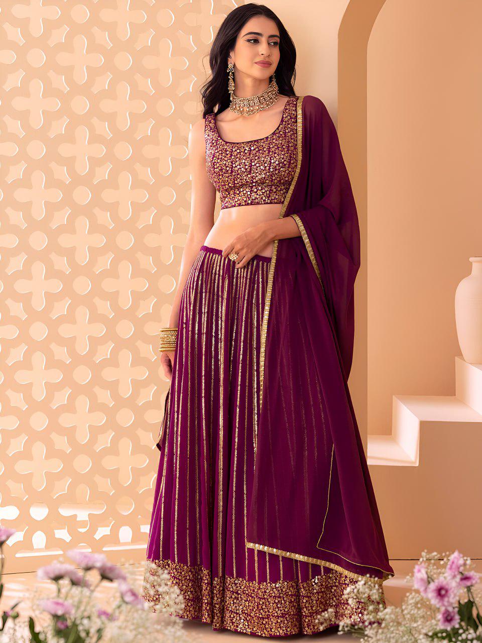 Wine Heavy Georgette Lehenga Choli | Zari Sequins Embroidered Wedding Outfit