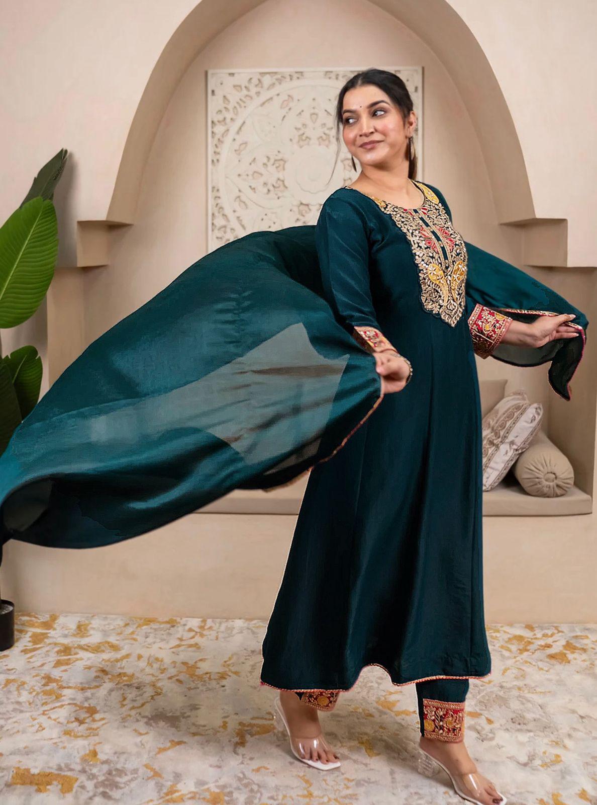 Embroidered Vichitra Silk Kurta Set with Dupatta, Festive Ethnic Party Wear Indian Outfit
