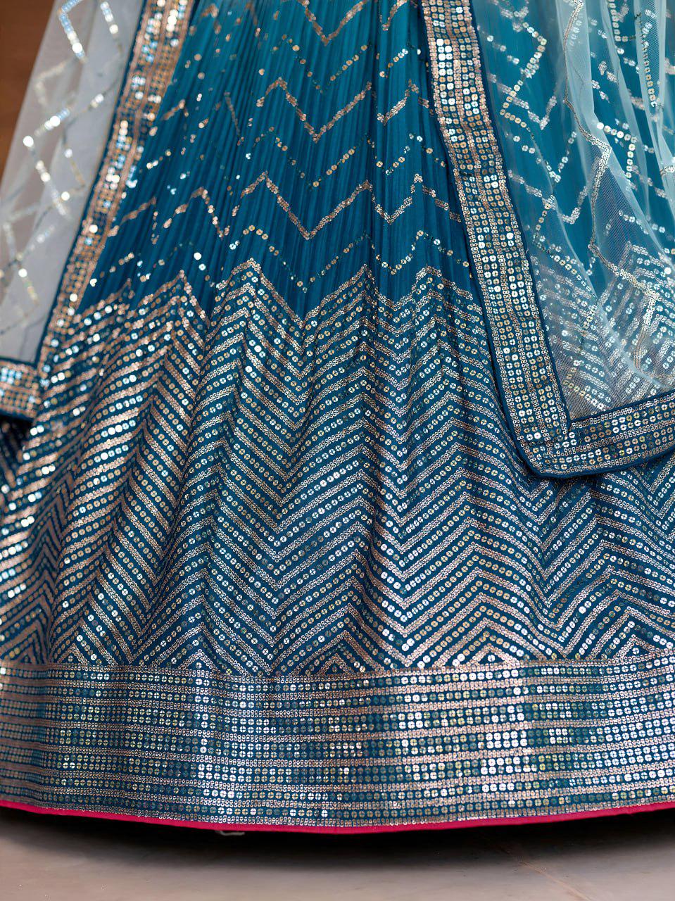 Teal Chinnon Lehenga Choli Set | Embroidered Wedding A-Line Lehenga with Net Dupatta