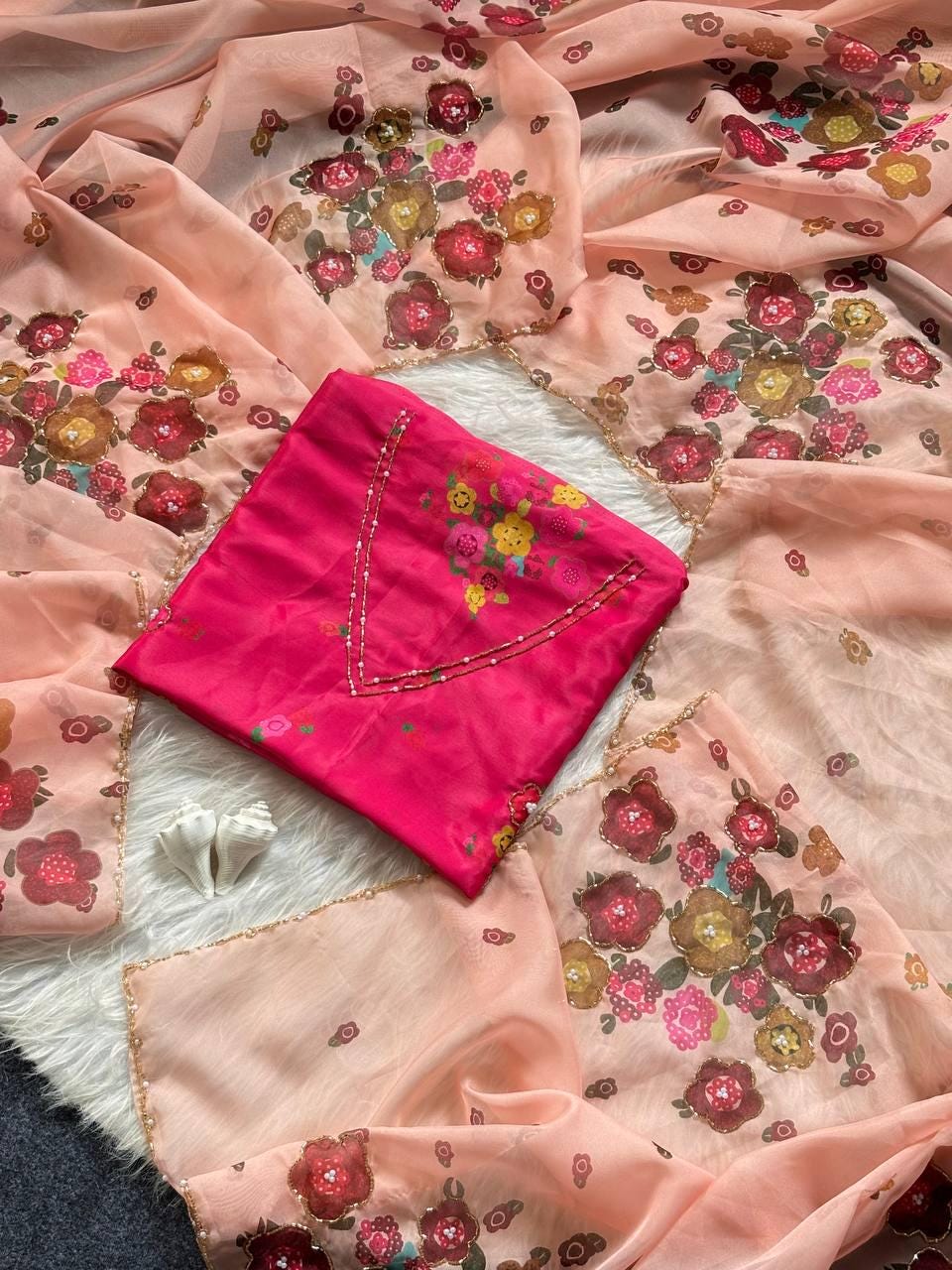 Soft Tabi Floral Print Saree with Cut Dana Handwork, Summer Party Wear Chinon Blouse