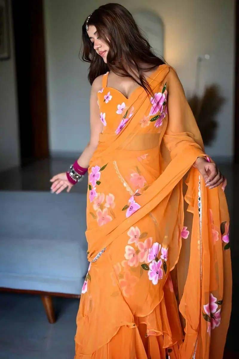 Printed Georgette Lehenga Set | Ruffle Dupatta, Mirror Lace Border, Party Wear (XXL)