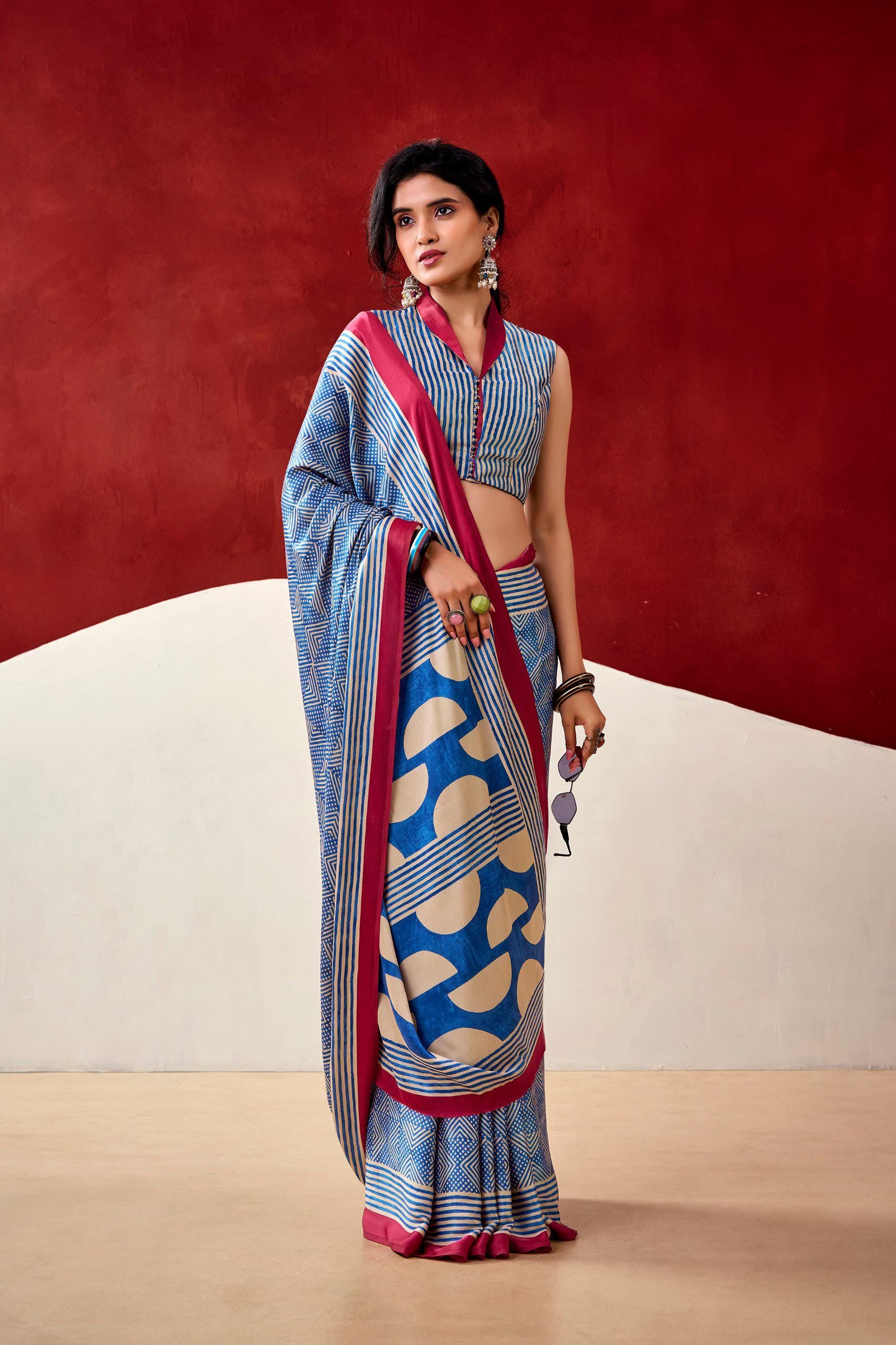 Dull Satin Printed Saree with Unstitched Blouse, Festive Party Wear Indian Saree