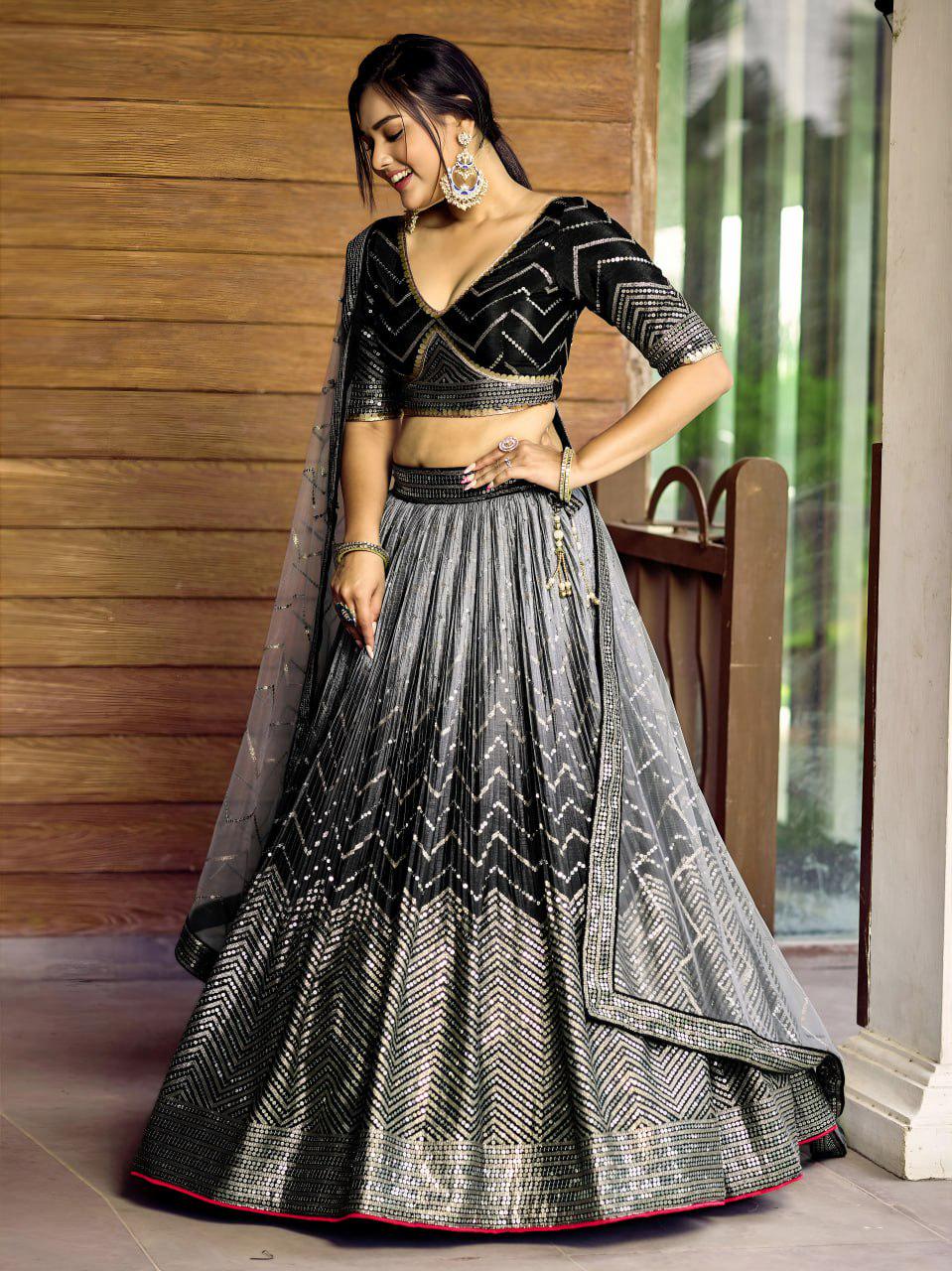 Black Chinnon Lehenga Choli Set | Sequin Embroidered Wedding A-Line Lehenga, Net Dupatta