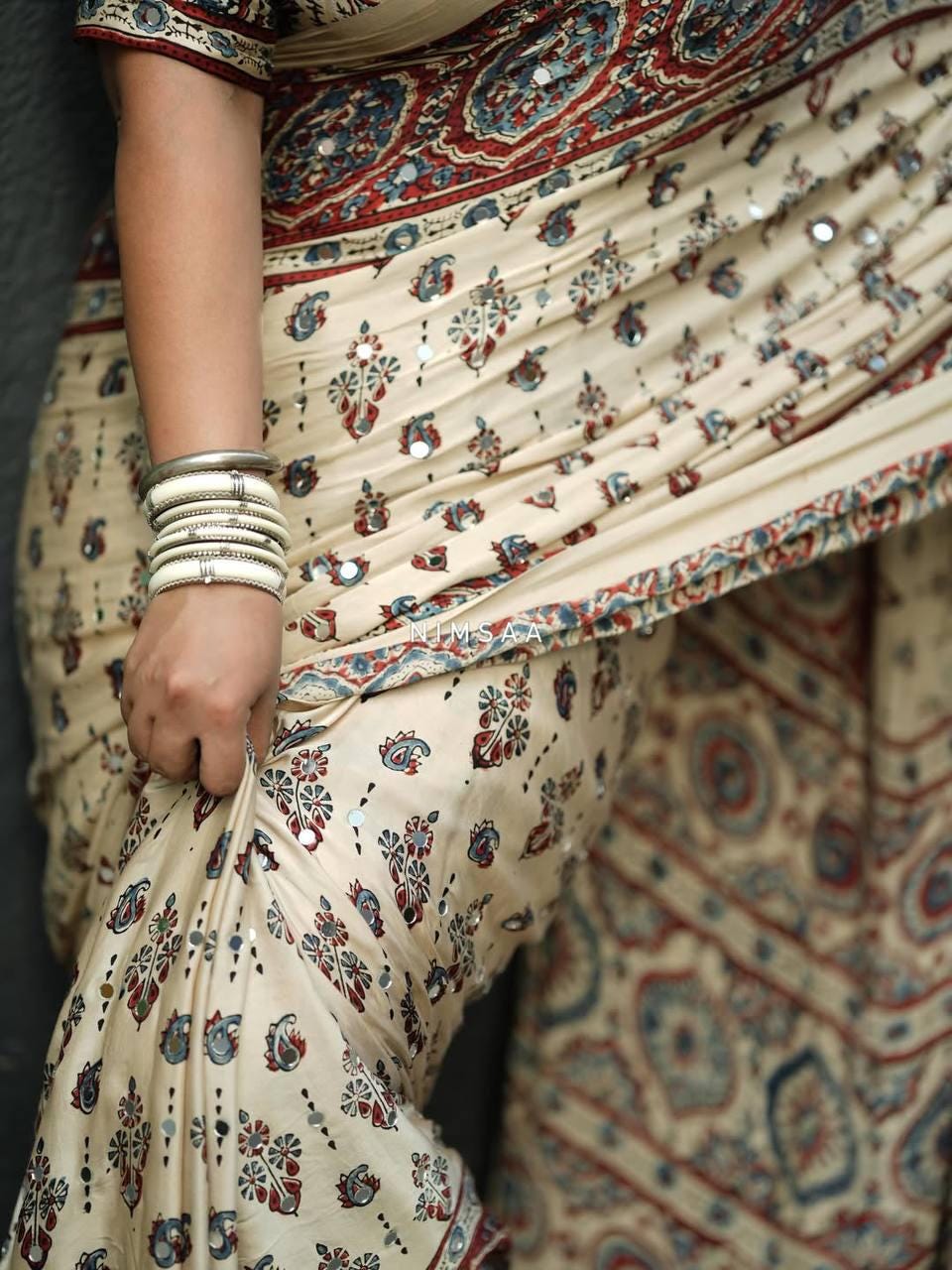Ajrakh Print Semi Modal Silk Saree | Real Mirror Work, Pom Pom Pallu, Party Wear