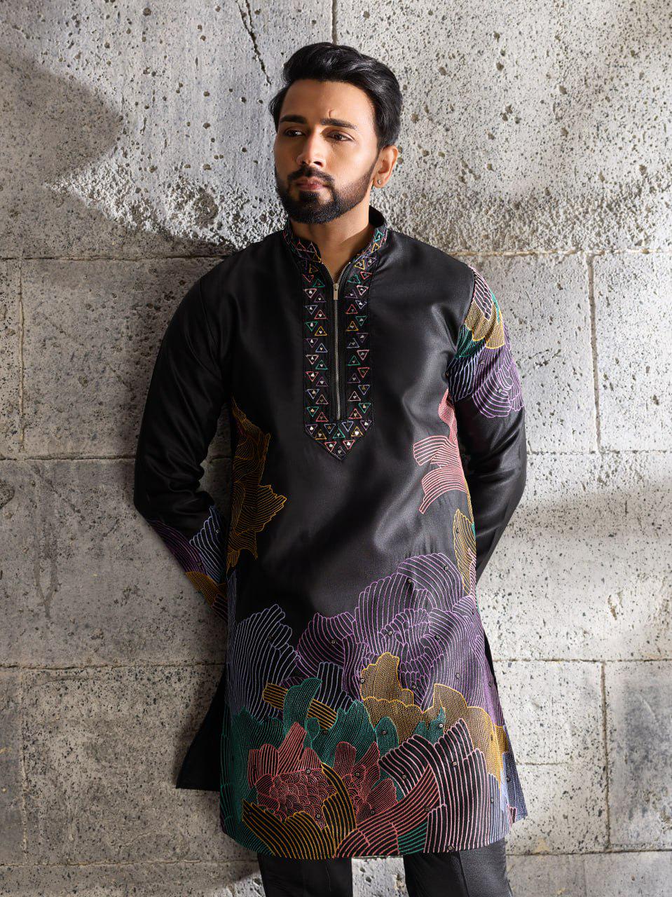 Men's Silk Kurta Pant Set | Thread Sequin Embroidery, Festive Ethnic Wear
