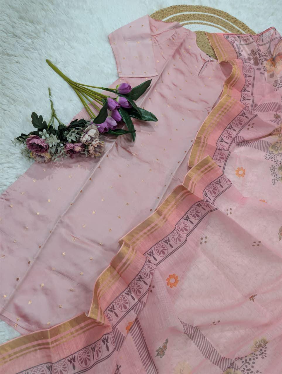 Pure Jacquard Silk Kurti with Cotton Checked Dupatta, Festive Ethnic Set