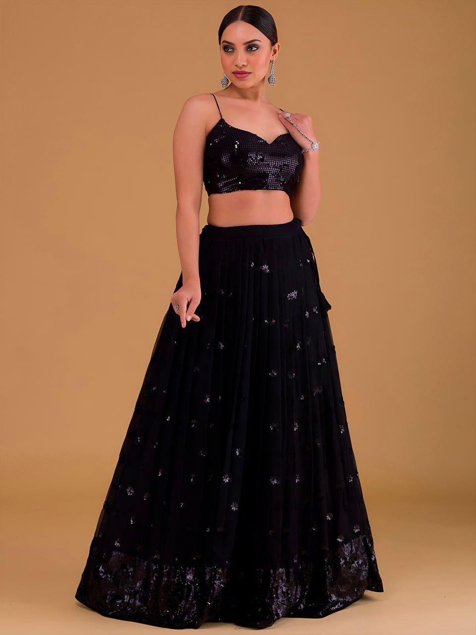 Black Heavy Georgette Lehenga Choli Set | Sequins Embroidered Wedding Outfit