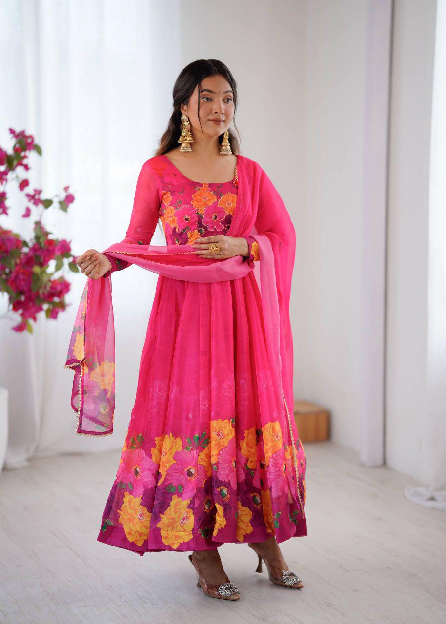 Organza Silk Anarkali Suit Set, Digital Print Dupatta, 14 Kali Gown, Festive Indian Outfit