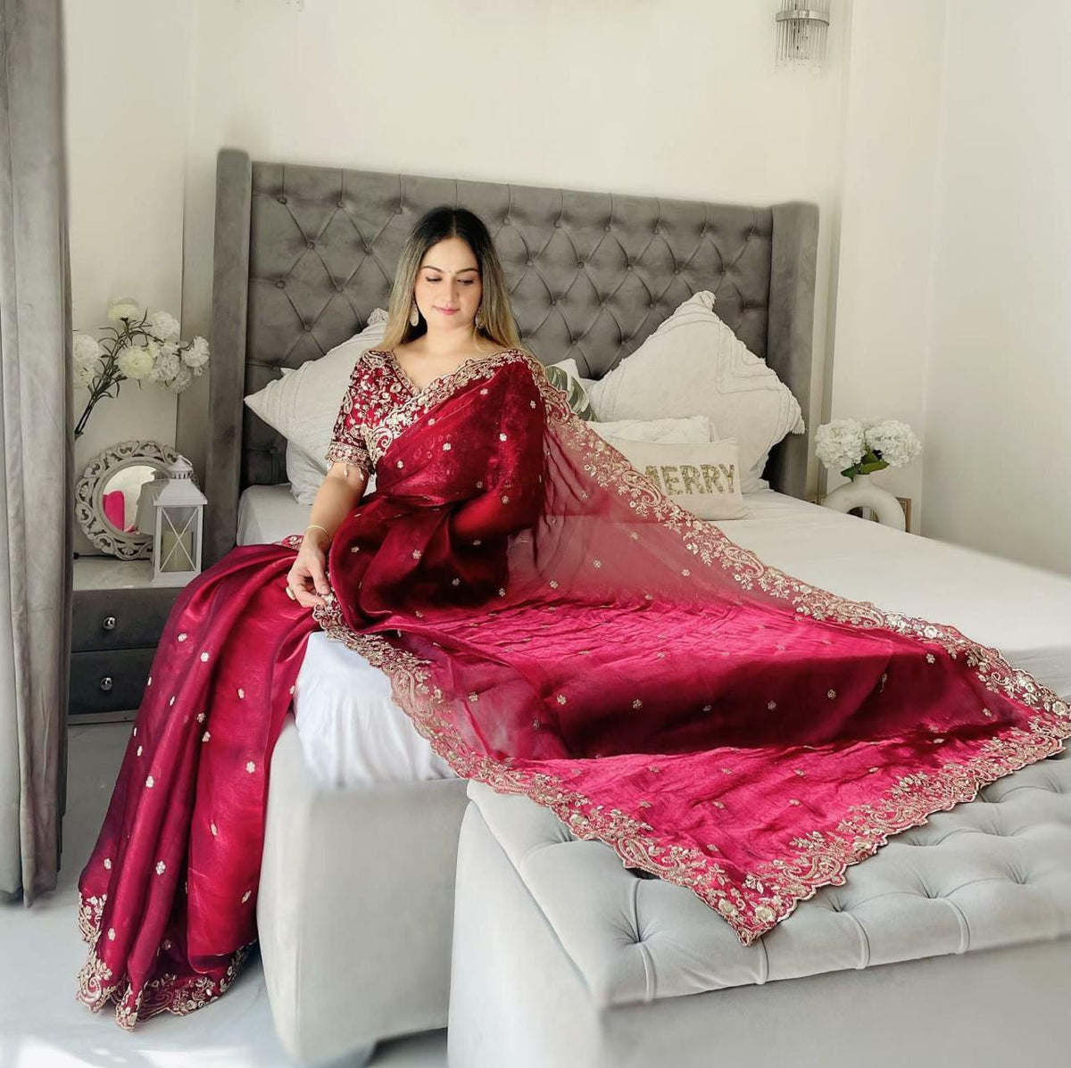 Fandy Satin Saree | Silver Zari Embroidery, Arco Cutwork Border, Wedding Guest Saree