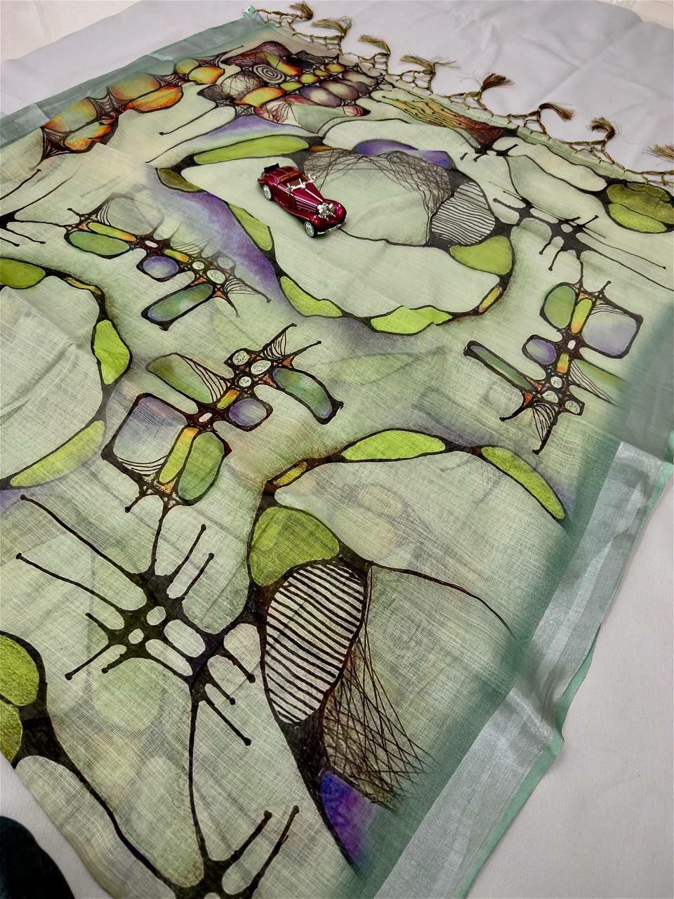 Green Floral Linen Cotton Saree | Silver Grey Woven Border, Digital Print, Festive Indian Saree
