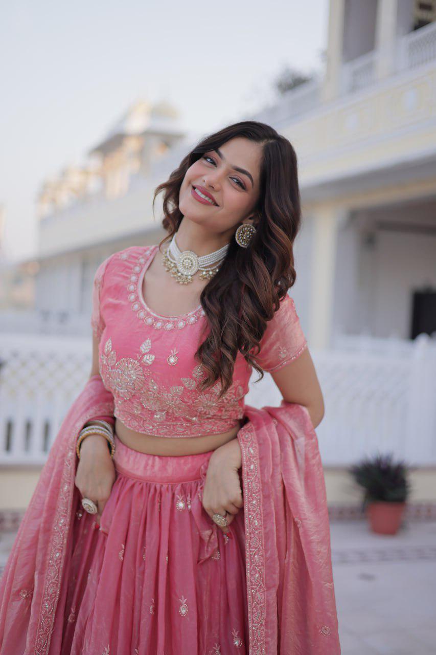 Fendi Silk Lehenga Choli Set, Sequins Zari Embroidery, Fully Stitched Wedding Outfit