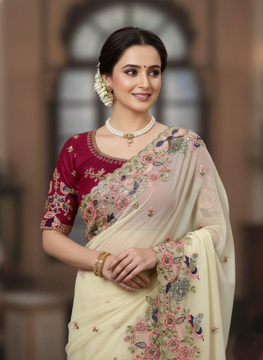 Embroidered Georgette Saree, Cutwork Border, Heavy Blouse, C-Pallu Wedding Wear