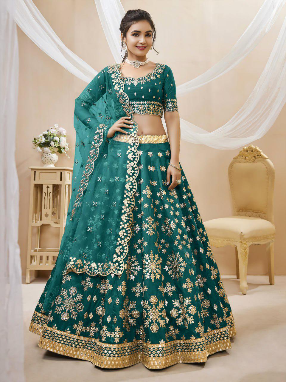 Green Art Silk Lehenga Choli Set, Foil Zari Sequins Embroidery, Semi-Stitched Wedding Dupatta