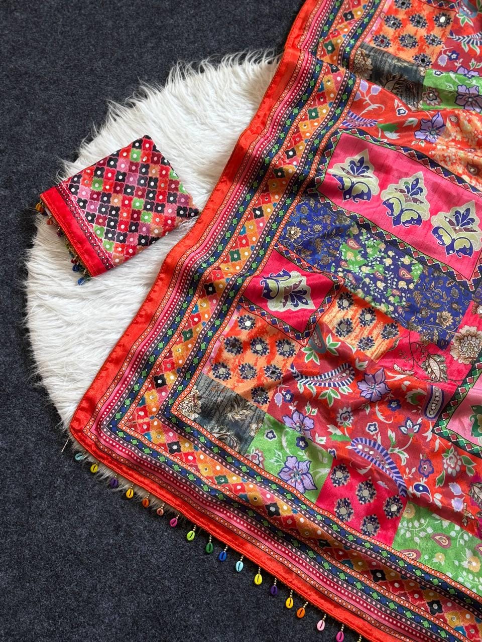 Ajrakh Print Roman Silk Saree, Real Mirror Work, Designer Ethnic Party Wear Blouse