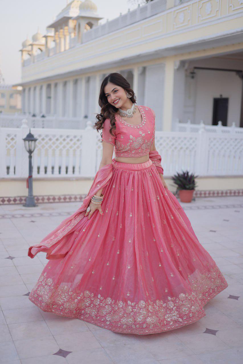 Fendi Silk Lehenga Choli Set, Sequins Zari Embroidery, Fully Stitched Wedding Outfit