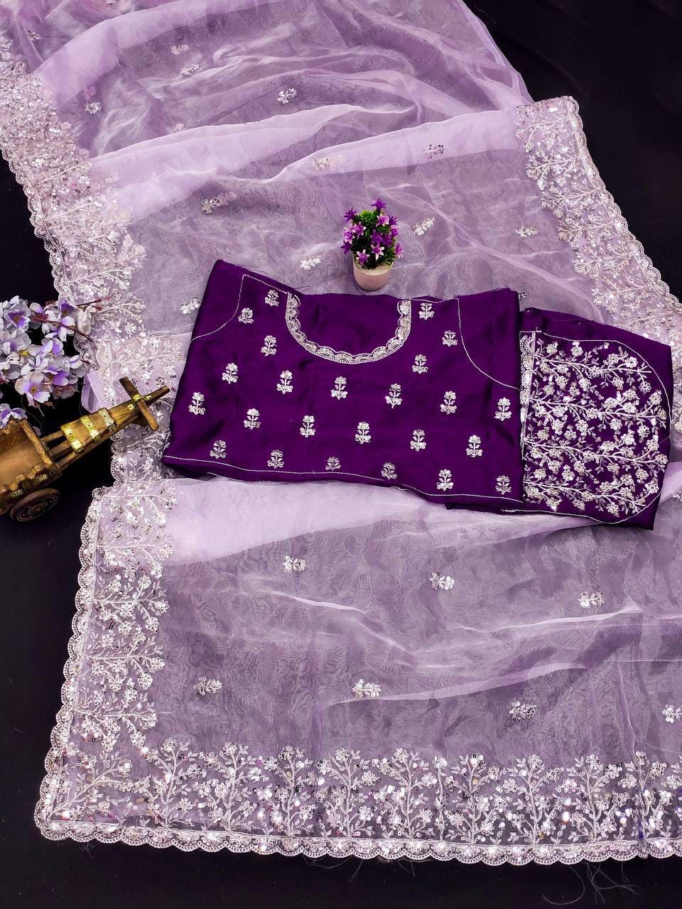 Soft Organza Embroidered Saree | Cutwork Border, Mono Banglory Silk Blouse, Festive Wear