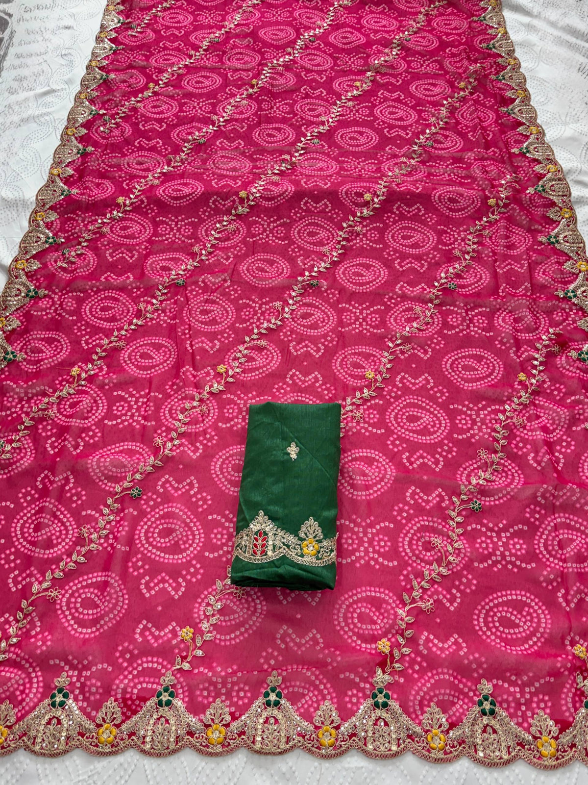 Georgette Bandhej Print Saree | Embroidered Cutwork Border, Silk Blouse Piece