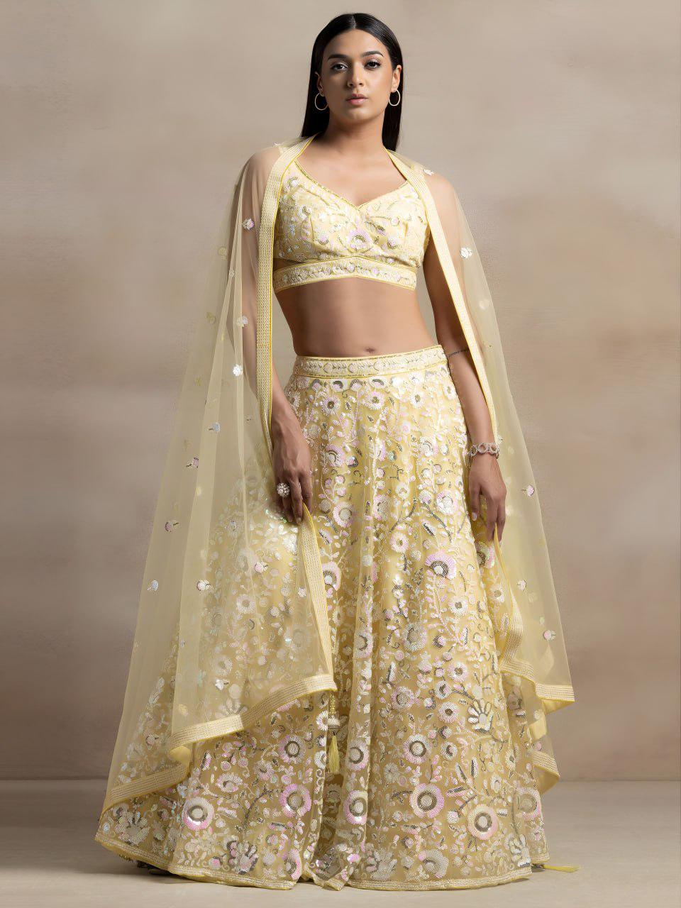 Pastel Yellow Soft Net Lehenga Choli | Floral Thread Sequins Embroidery (Semi-Stitched)